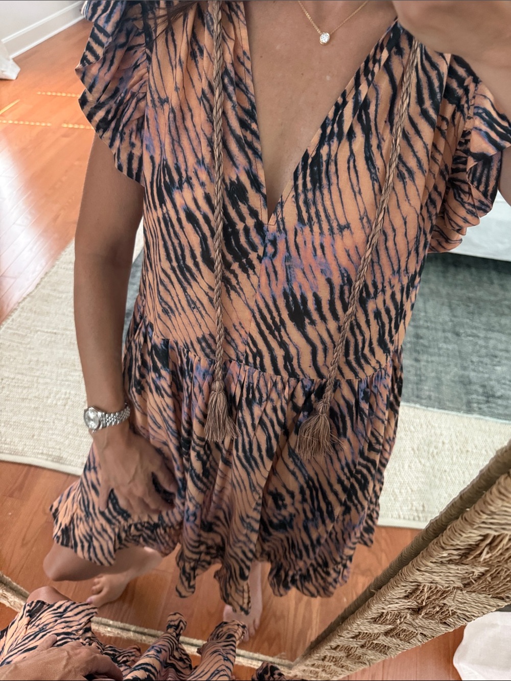 NWT! Ulla Johnson Lina Cover Up FIG Flutter Sleeve V-Neck Peach/Black Small